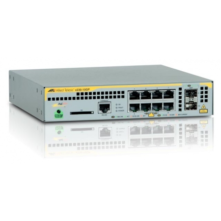 Коммутатор Allied Telesis L2+ managed switch, 8 x 10/100/1000Mbps POE ports, 2 x SFP uplink slots, 1 Fixed AC power supply (AT-x230-10GP). Изображение 1