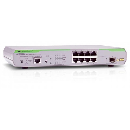 Коммутатор Allied Telesis 8 x  10/100/1000Mbps port managed switch with 1 SFP uplink slot, Fixed AC power supply, RJ45 Console connector (AT-GS908M). Изображение 1